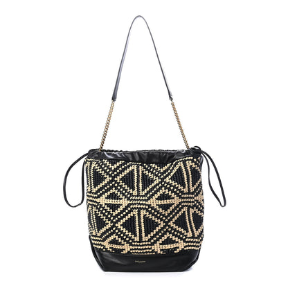 Saint Laurent Folk Raffia Calfskin Teddy Drawstring Bag Natural Black 1 of 9