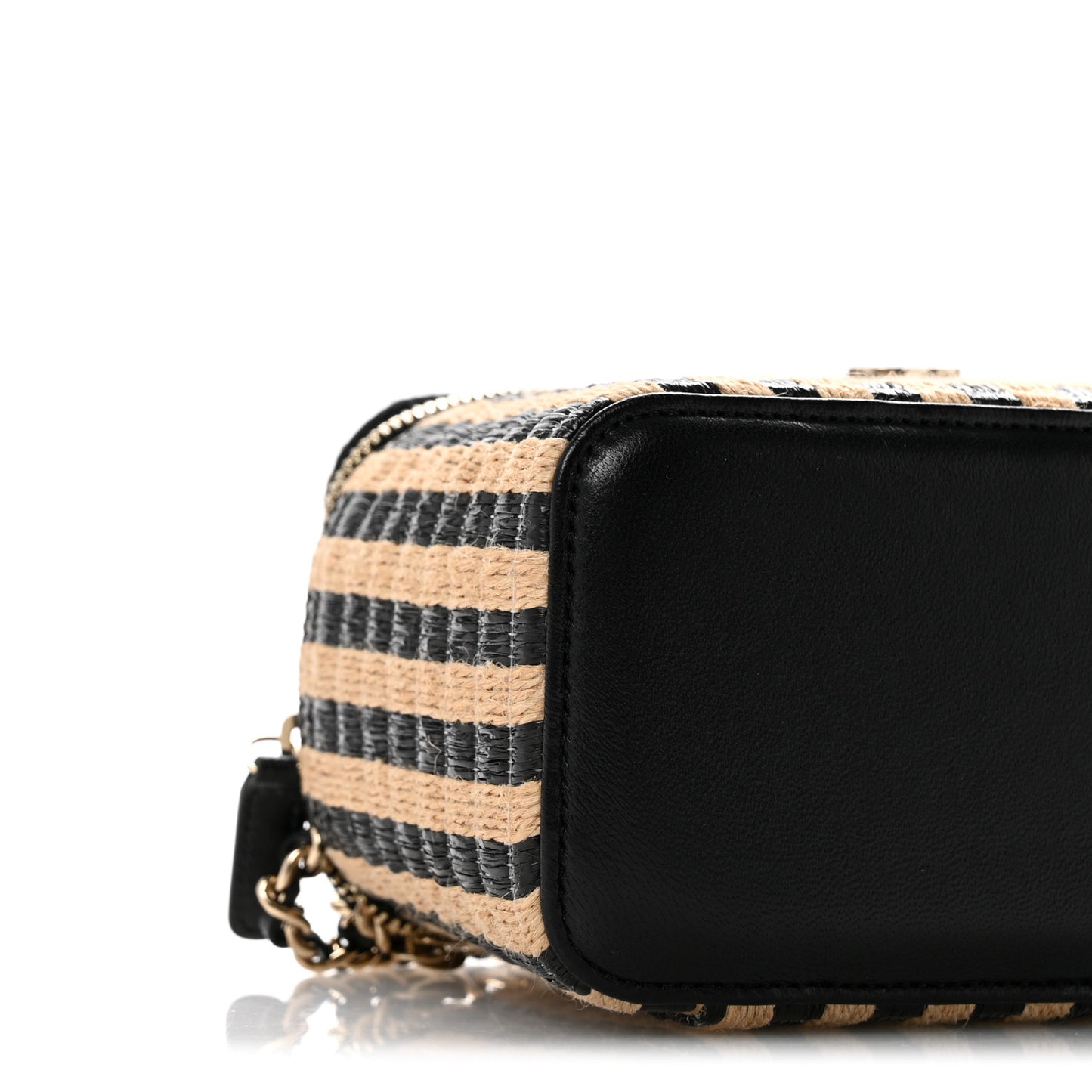 Raffia Jute Striped Small Vanity Case With Chain Black Beige