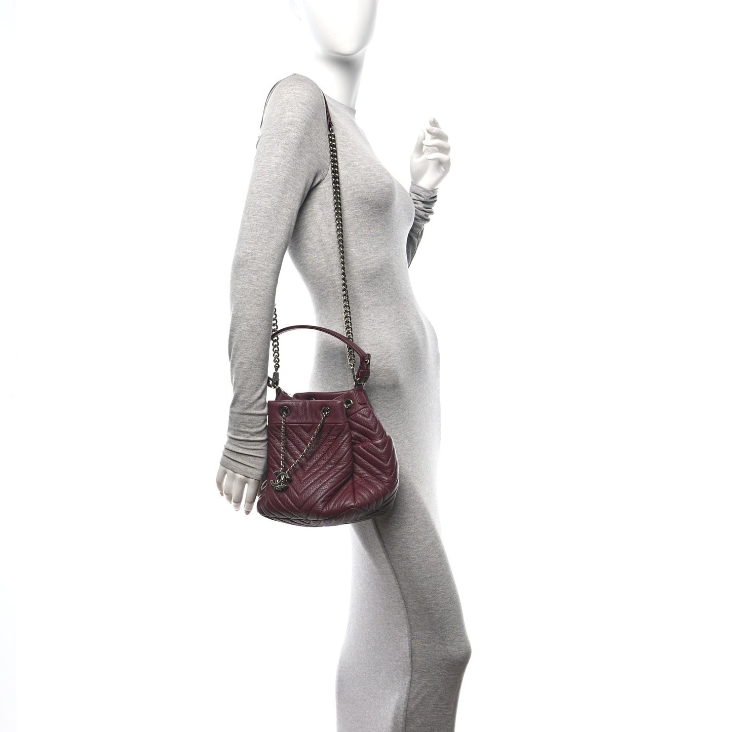 Deerskin Chevron Medium CC Chain Bucket Drawstring Bag Burgundy