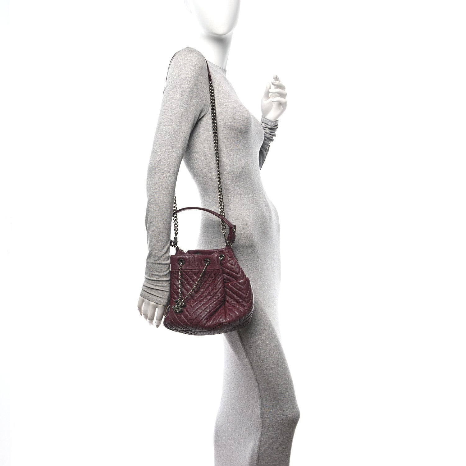 Chanel Deerskin Chevron Medium CC Chain Bucket Drawstring Bag Burgundy 2 of 10