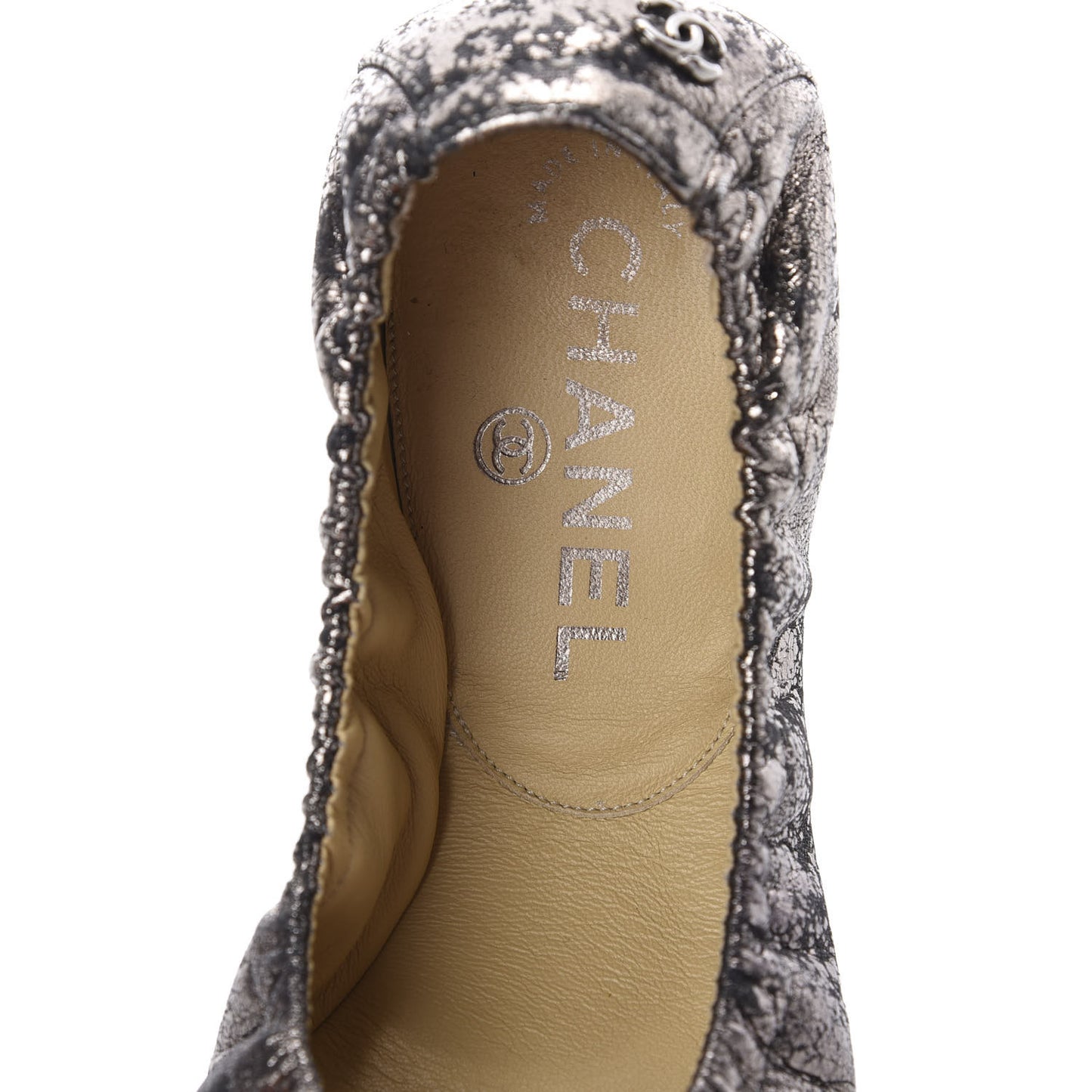 Metallic Crackled Calfskin CC Elastic Cap Toe Ballerina Flats 35 Dark Brown Black