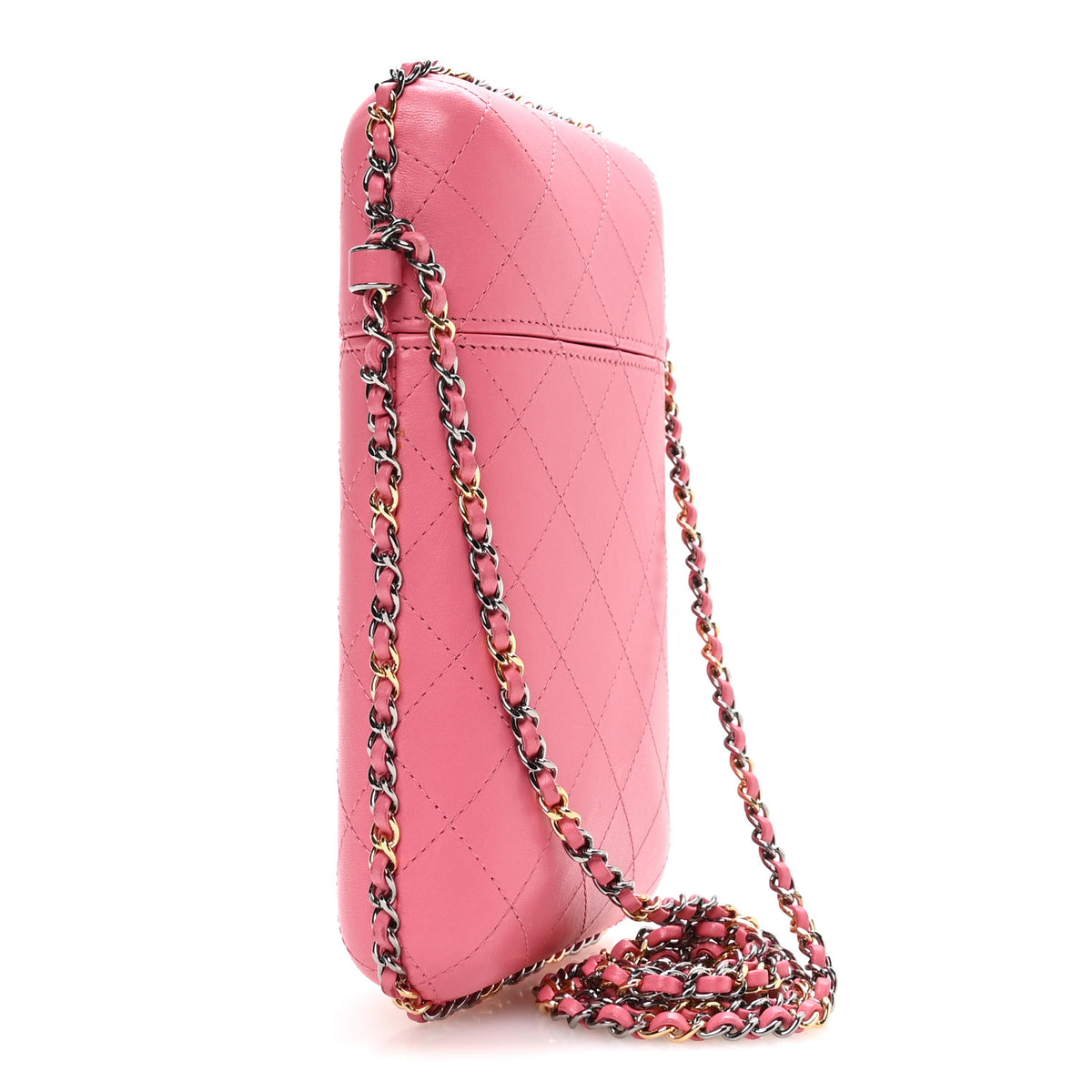Lambskin Quilted Chain Around Phone Holder Pink