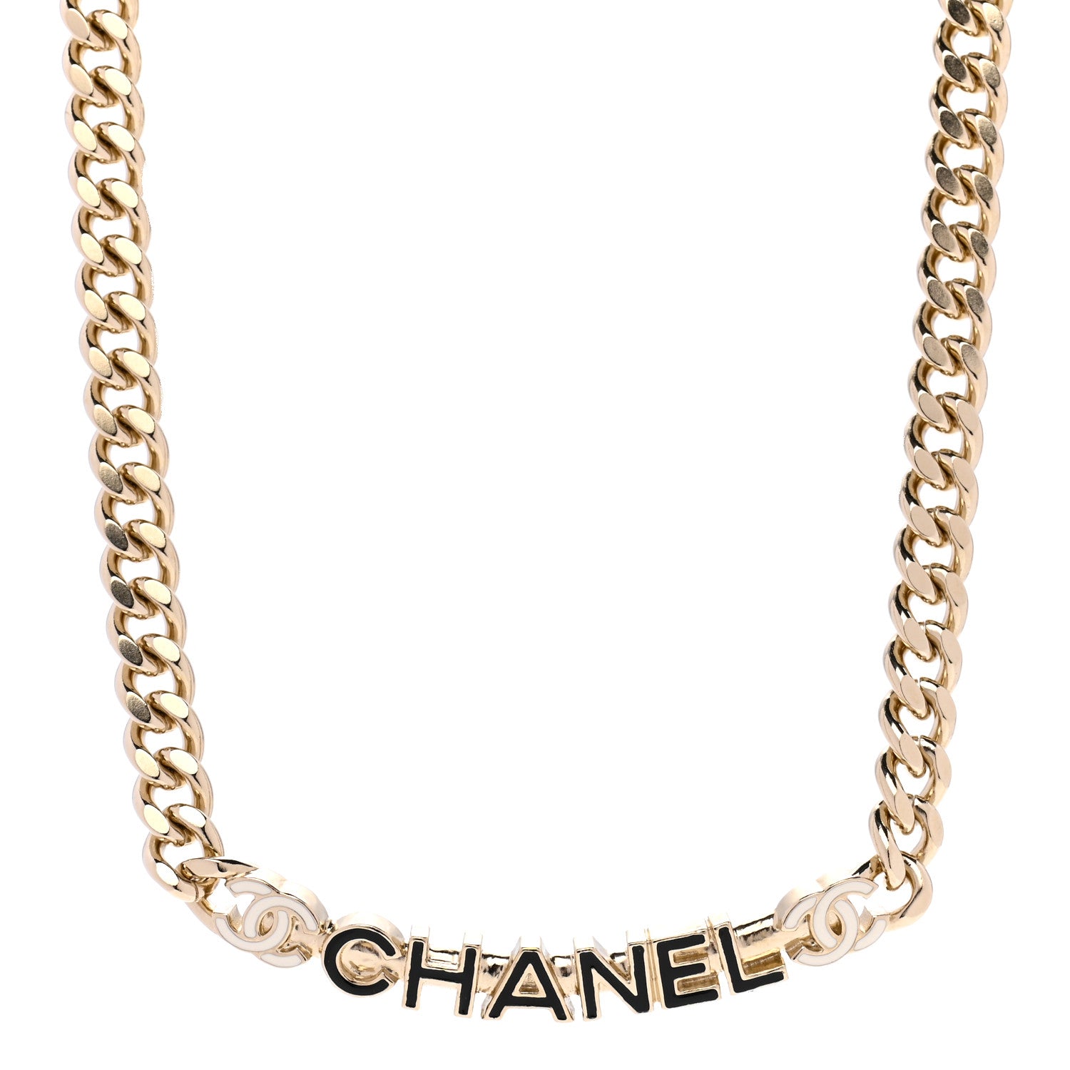 Chanel Enamel Metal Logo Choker Necklace Gold White Black 1 of 7