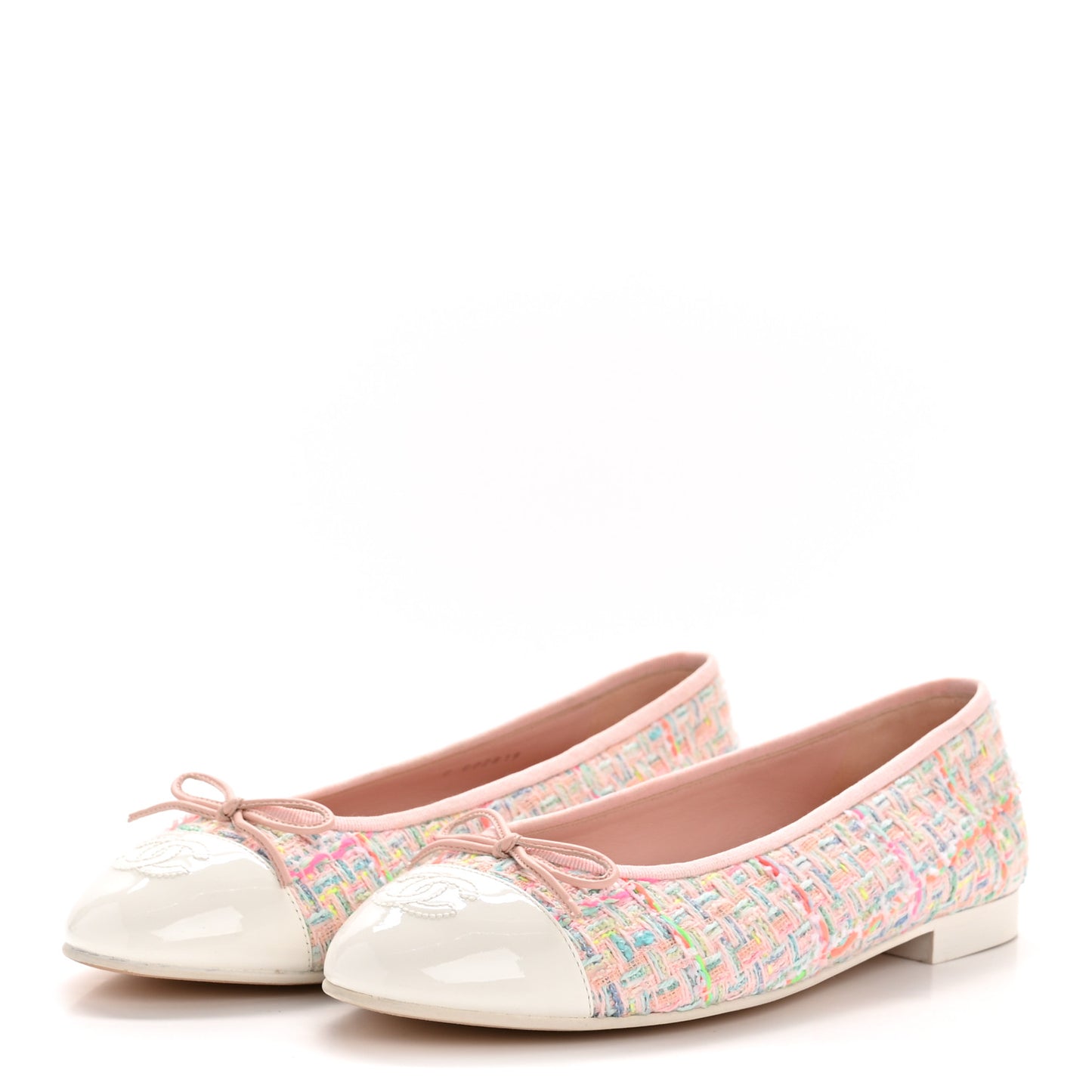 Cotton Tweed Patent Calfskin Cap Toe Ballerina Flats 40 Light Pink Multicolor White