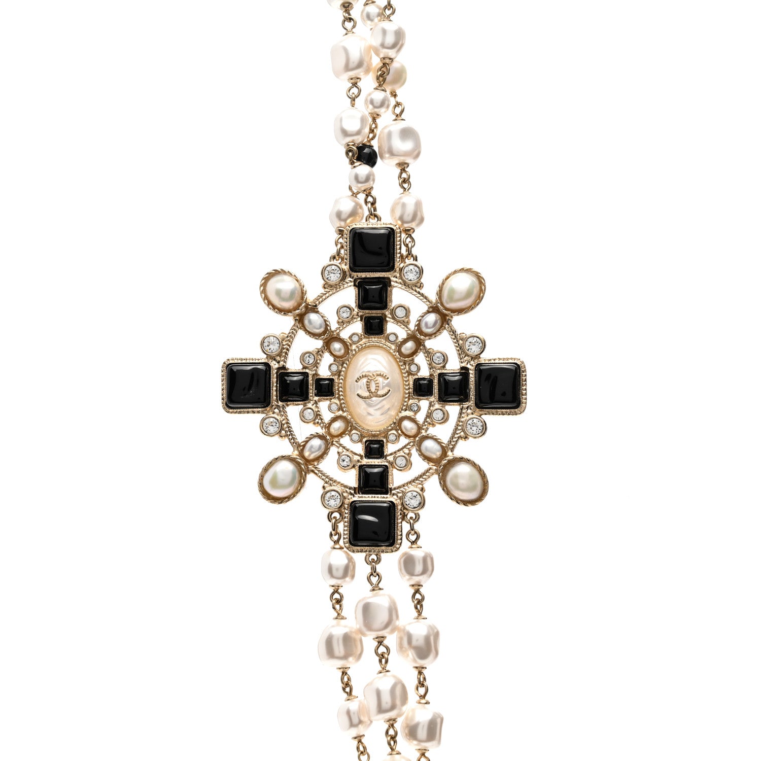 Chanel Baguette Crystal Resin Pearl CC Multi Strand Necklace Black Gold 3 of 8