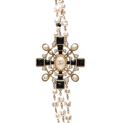 Chanel Baguette Crystal Resin Pearl CC Multi Strand Necklace Black Gold 3 of 8