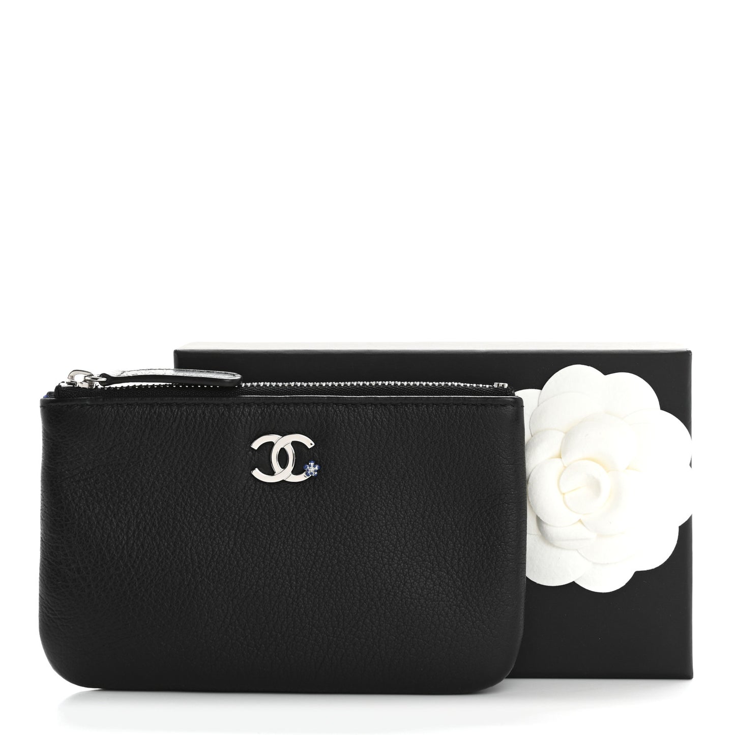 Goatskin Camellia CC Cosmetic Pouch Black
