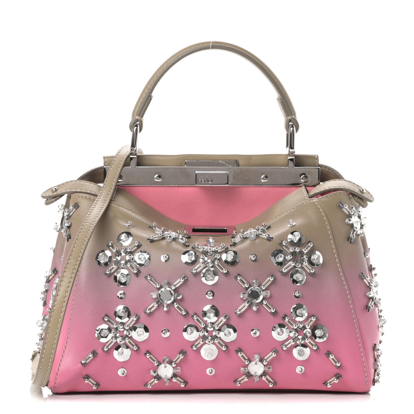 Nappa Crystal Beaded Ombre Mini Peekaboo Iconic Satchel Pink Beige