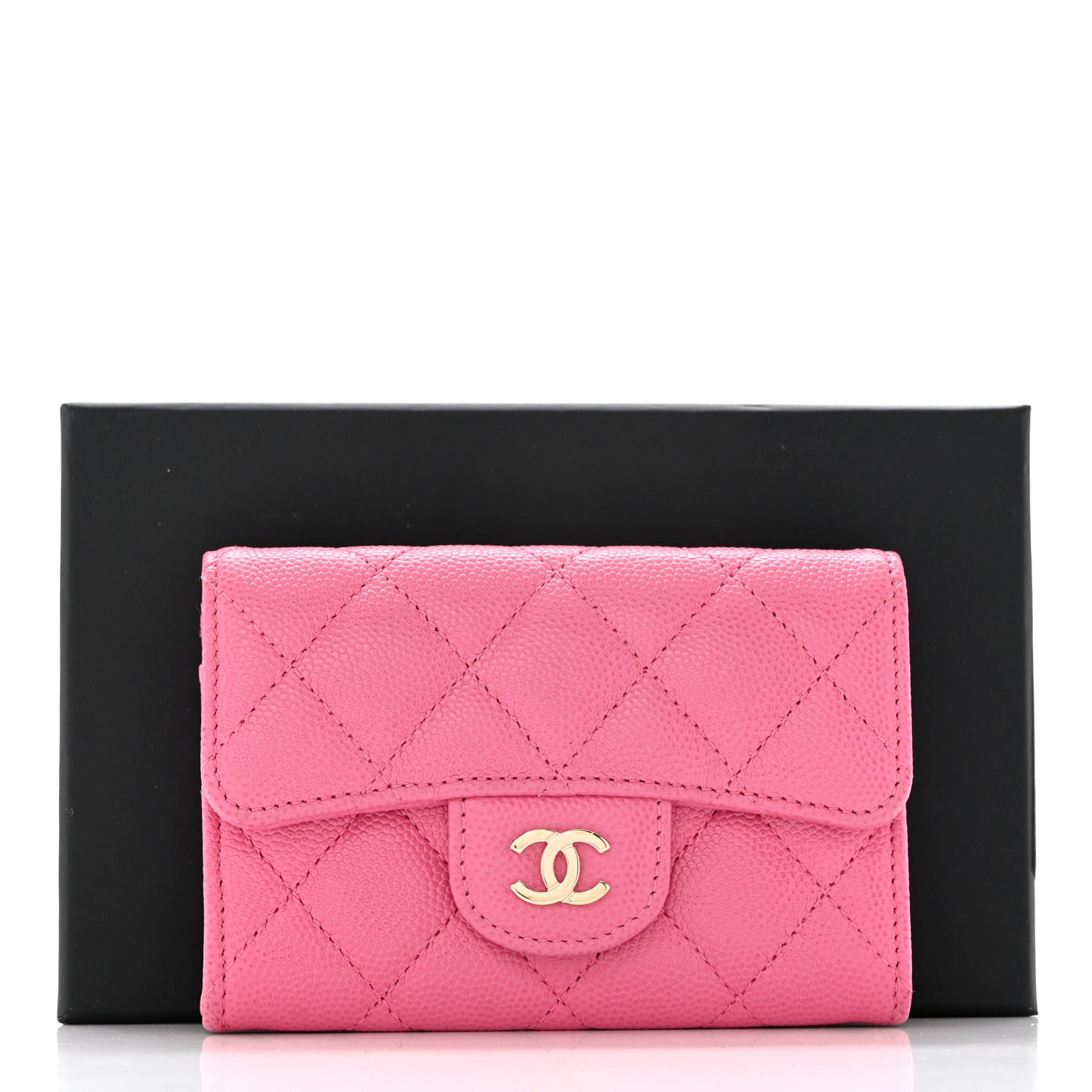 Caviar Quilted Flap Card Holder Wallet Pink