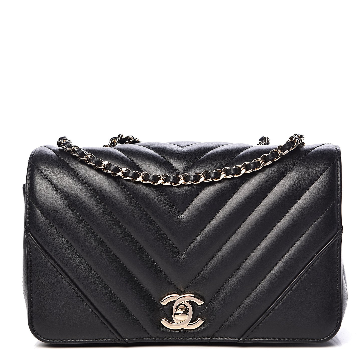 Calfskin Chevron Quilted Mini Statement Flap Black