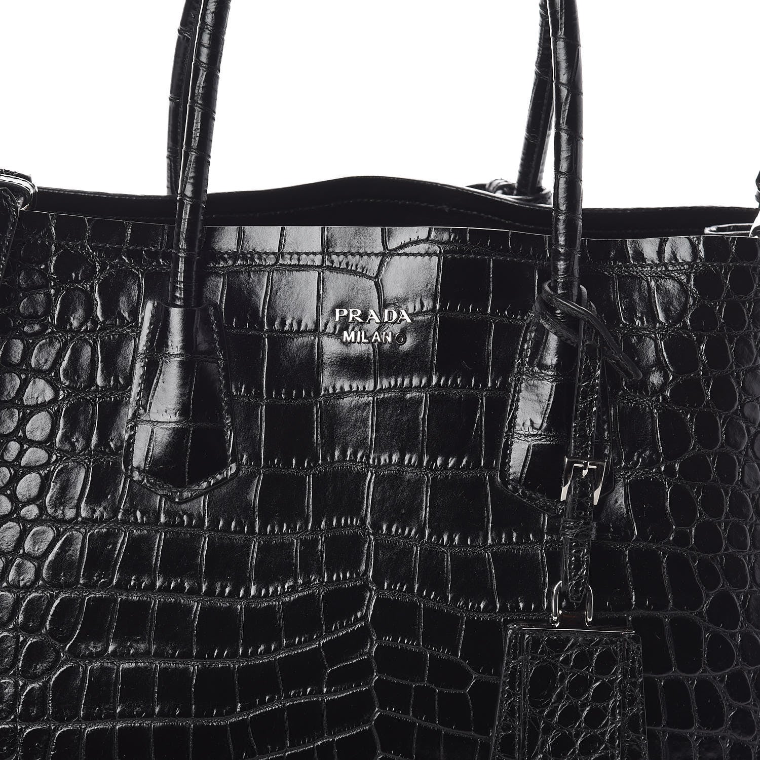 Prada Calfskin Crocodile Embossed Tote Black 7 of 9