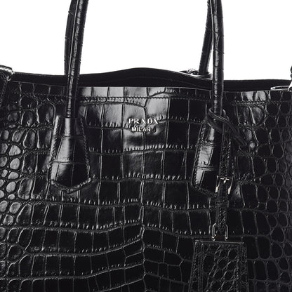 Prada Calfskin Crocodile Embossed Tote Black 7 of 9