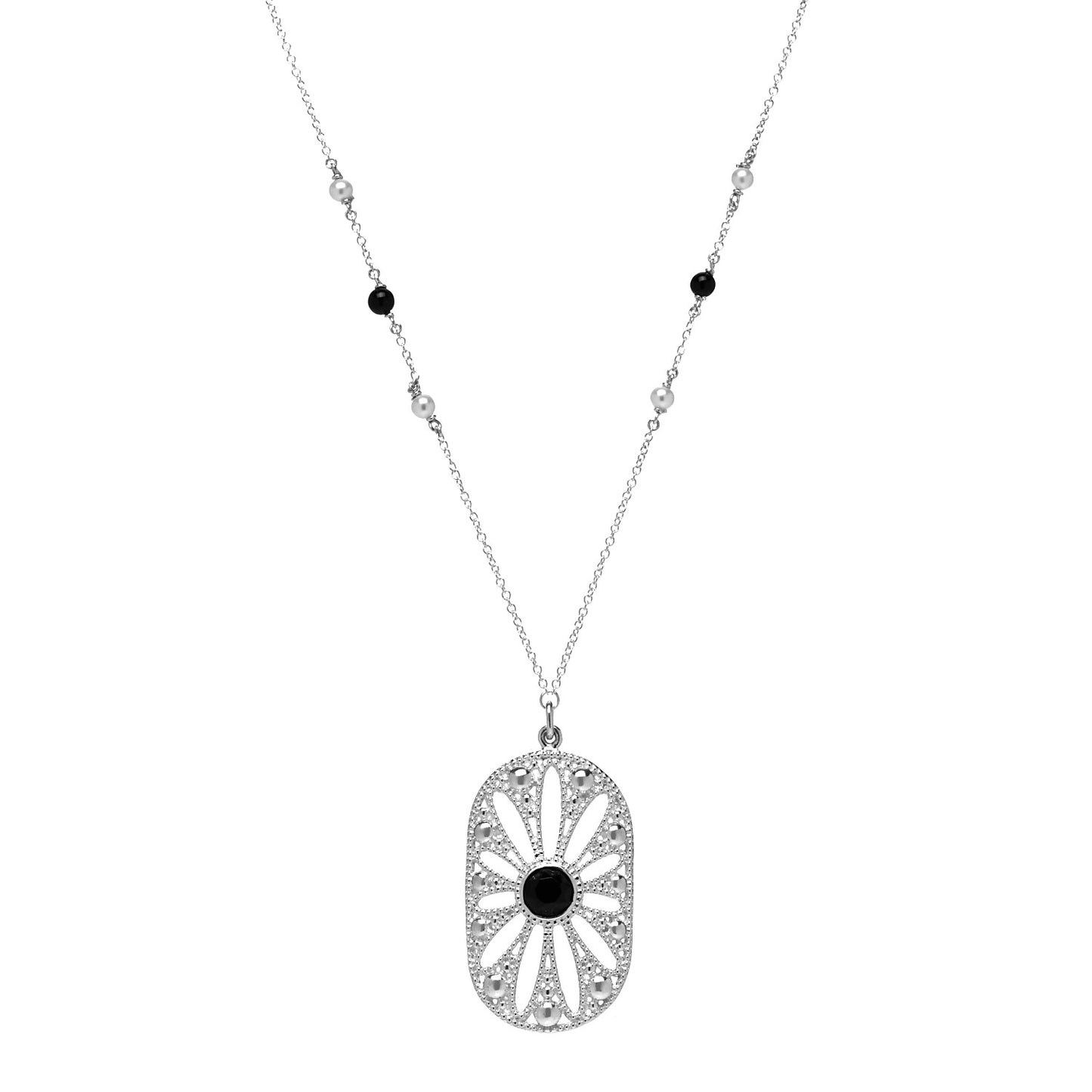 Sterling Silver Black Onyx Pearl Ziegfeld Daisy Pendant Necklace