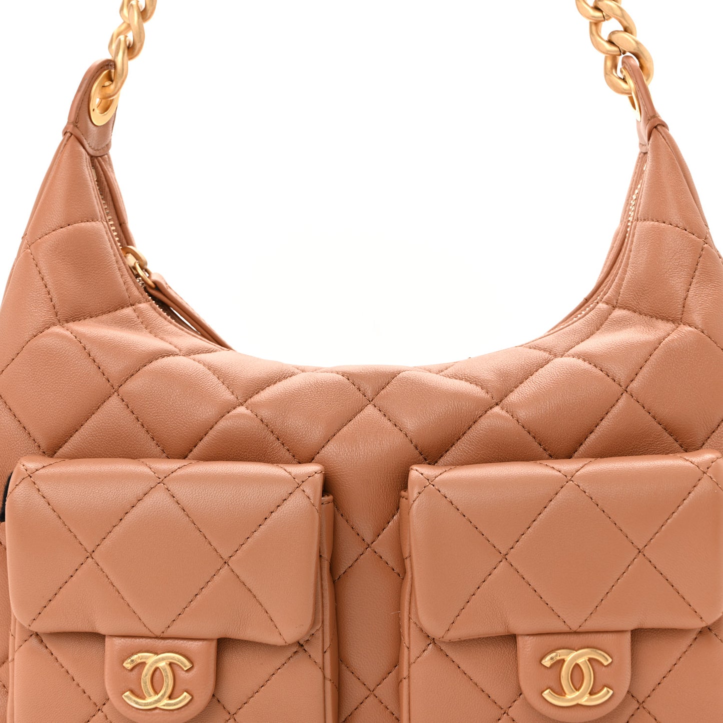 Shiny Lambskin Quilted Trendy Pockets Hobo Brown
