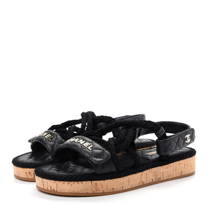 Chanel Cord Lambskin Quilted Logo Sandals 38 Black 3 of 11