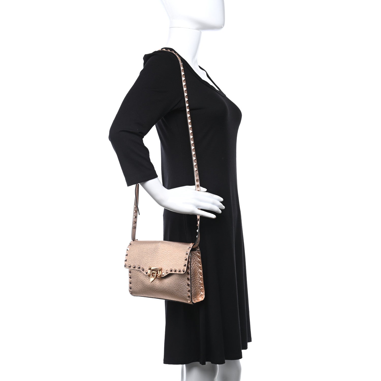 Valentino Garavani Metallic Pebbled Calfskin Medium Rockstud Flip Lock Crossbody Bag Rame 2 of 9