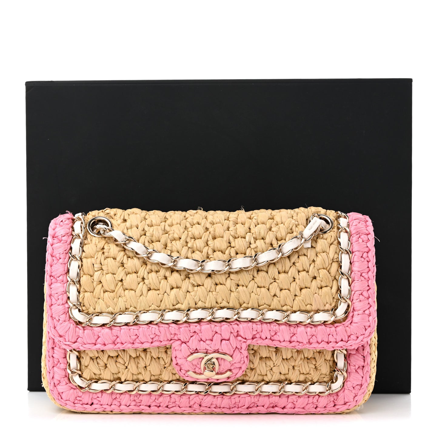 Raffia Chain Venice Beach Flap Bag Beige Pink