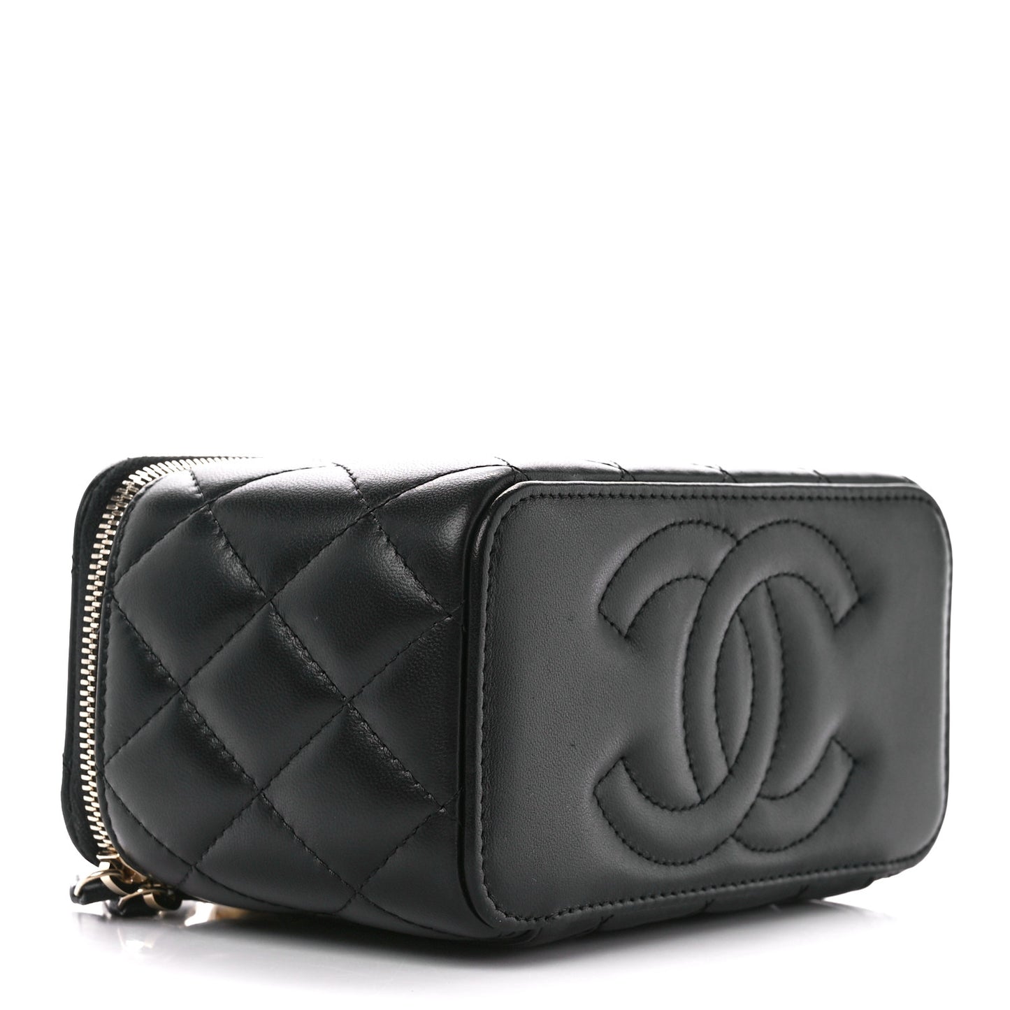 Lambskin Quilted Pearl Crush Small Vanity Case With Chain Black