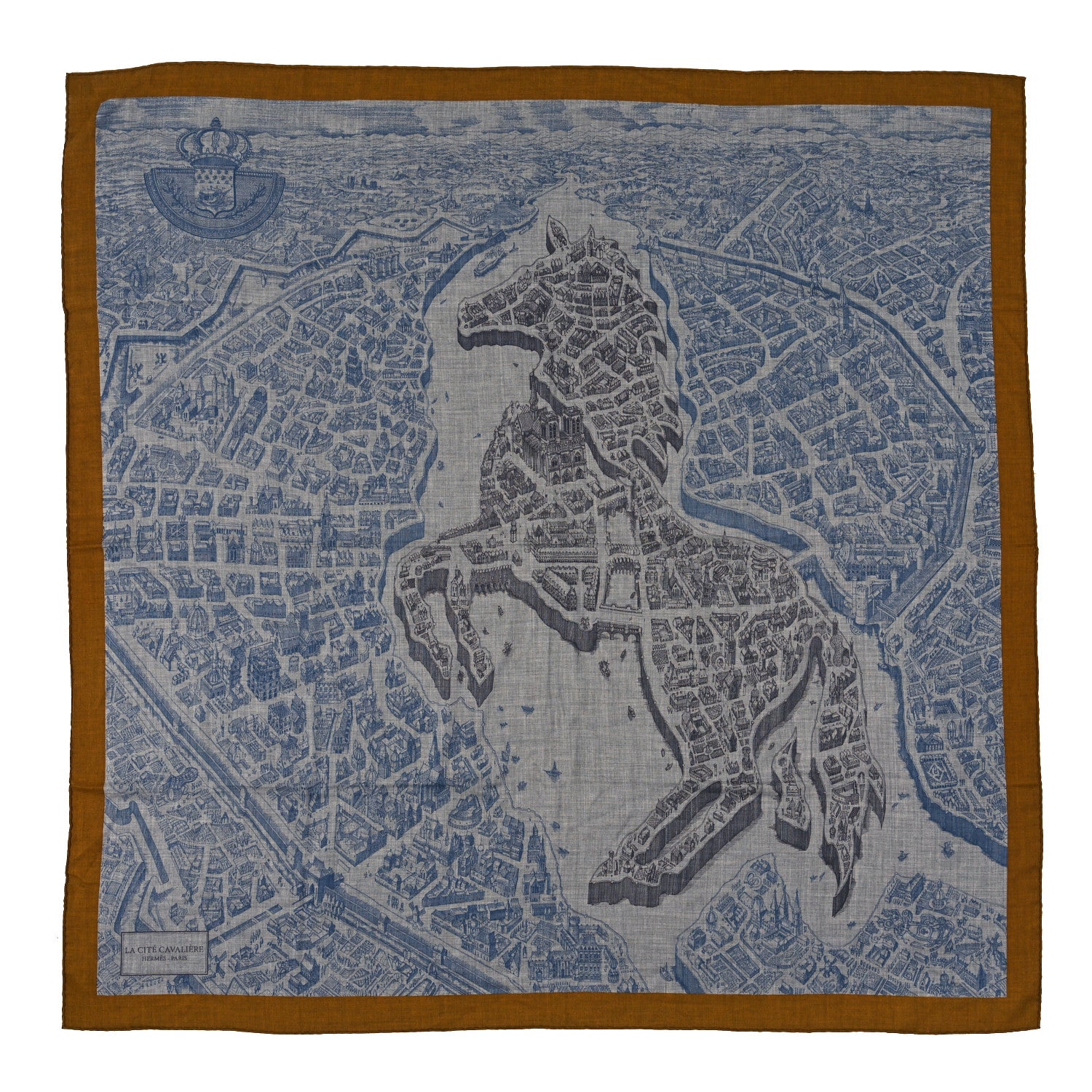 Hermes Cashmere Silk La Cite Cavaliere Shawl 140 Gold Gris Chine 1 of 4