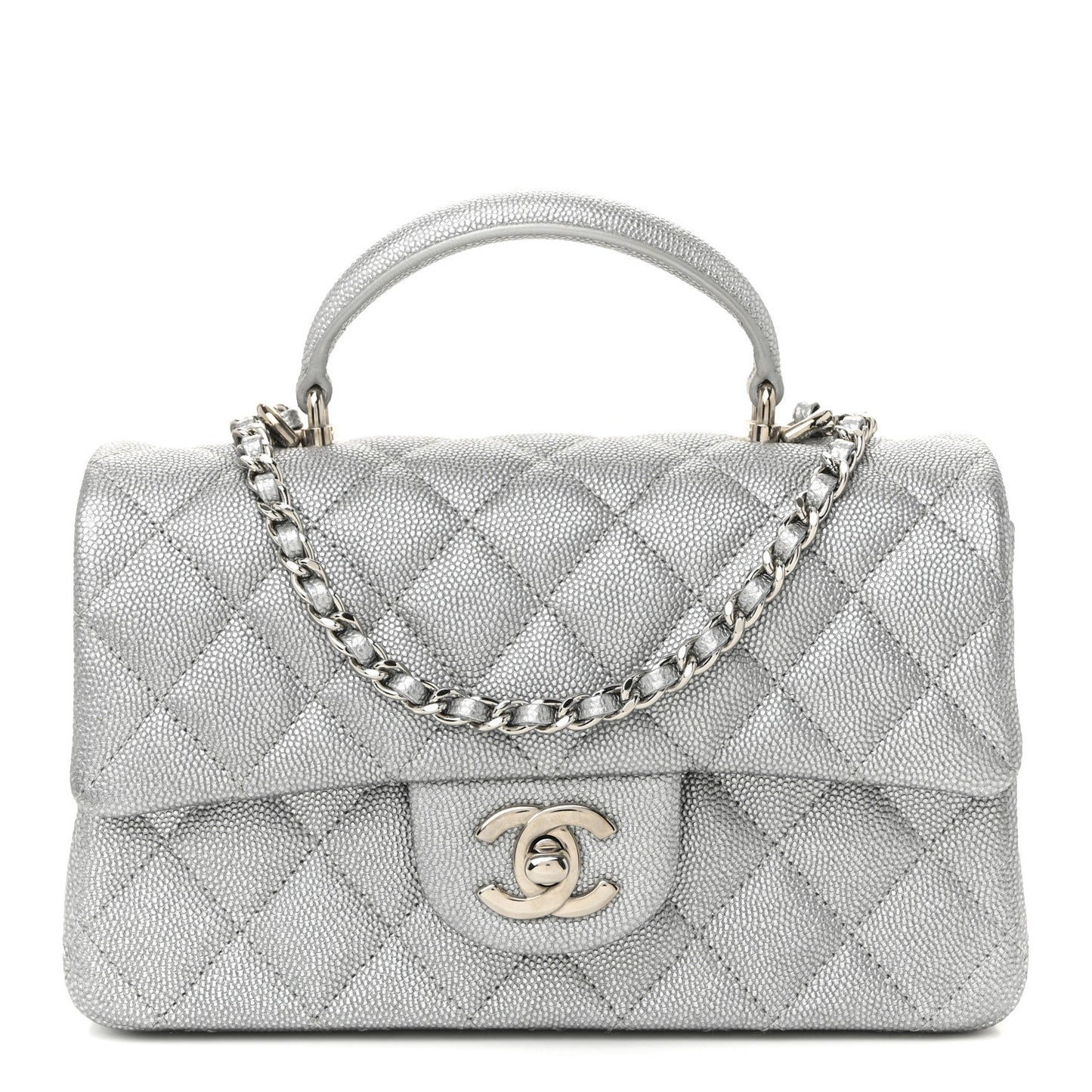 Metallic Caviar Quilted Mini Top Handle Rectangular Flap Silver
