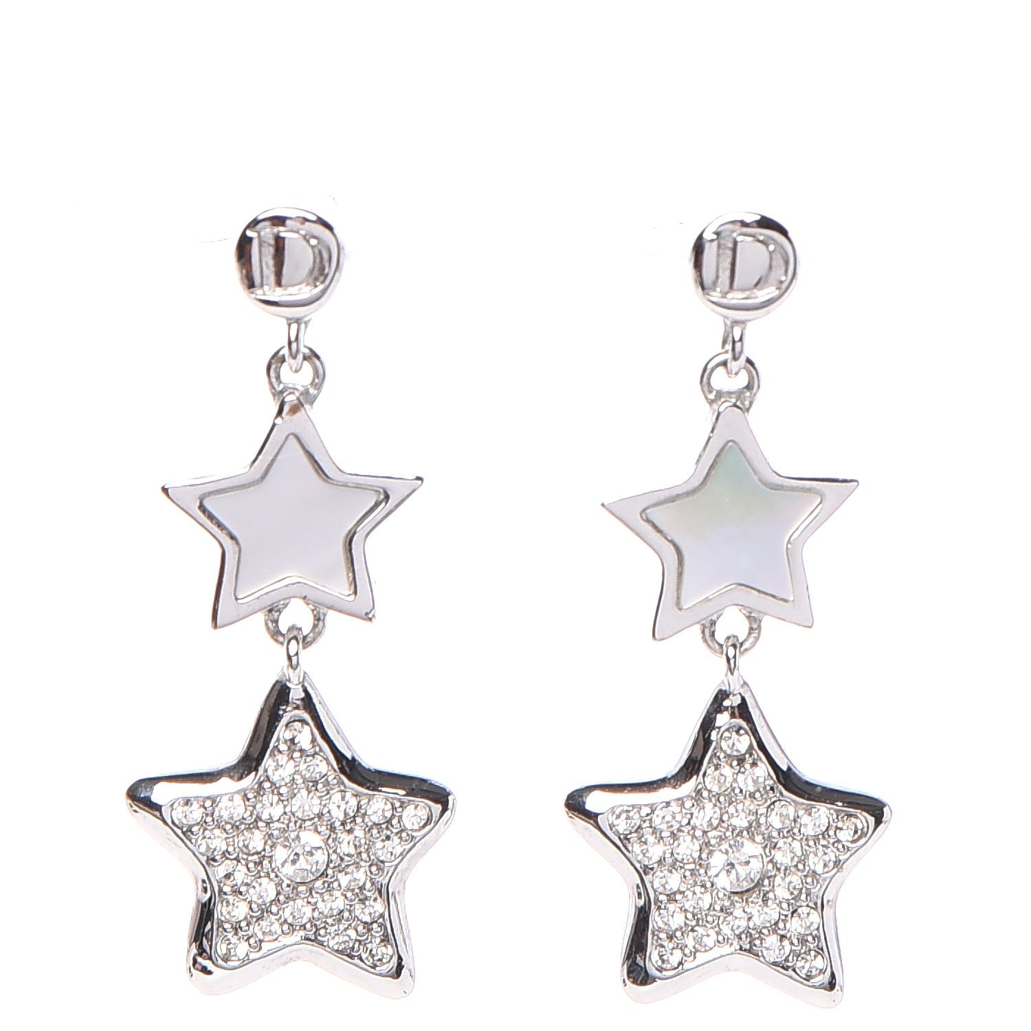 Christian Dior Mother of Pearl Crystal Star Dangle Earrings Silver 1 of 3
