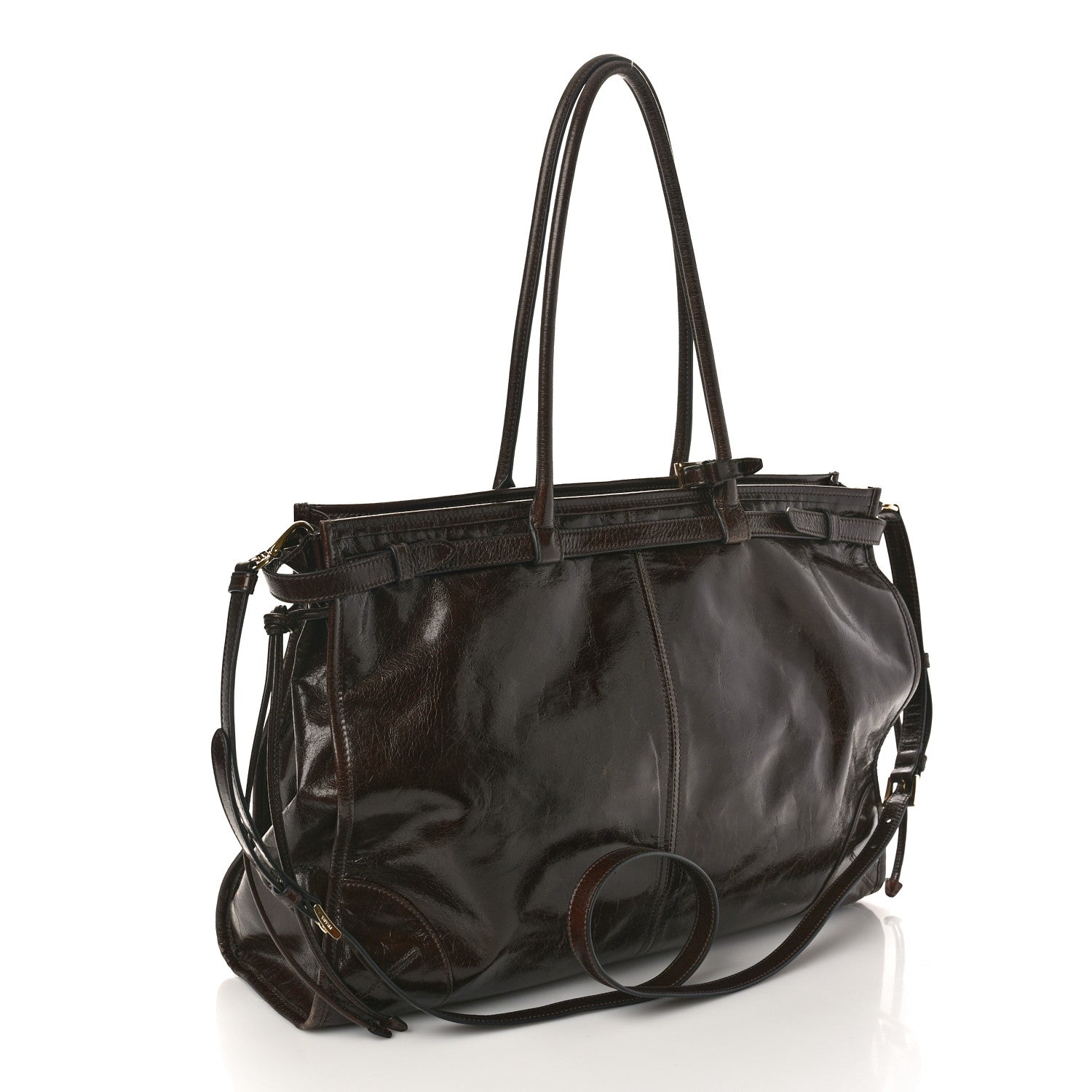 Prada Shiny Nappa Large Bonnie Shoulder Bag Dark Brown 2 of 12