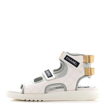 Chanel Goatskin Fabric Gladiator Sandals 40 White Light Grey Navy Blue 1 of 11