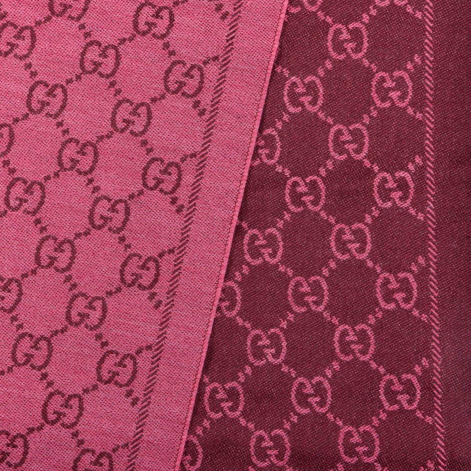 Gucci Wool Jacquard Monogram Reversible Stencil Fringe Scarf Pink Red 3 of 4