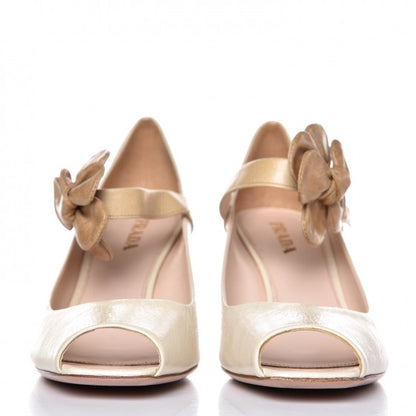 Prada Vitello Shine Lambskin Floral Mary Janes Heels 38.5 Ivory 2 of 18