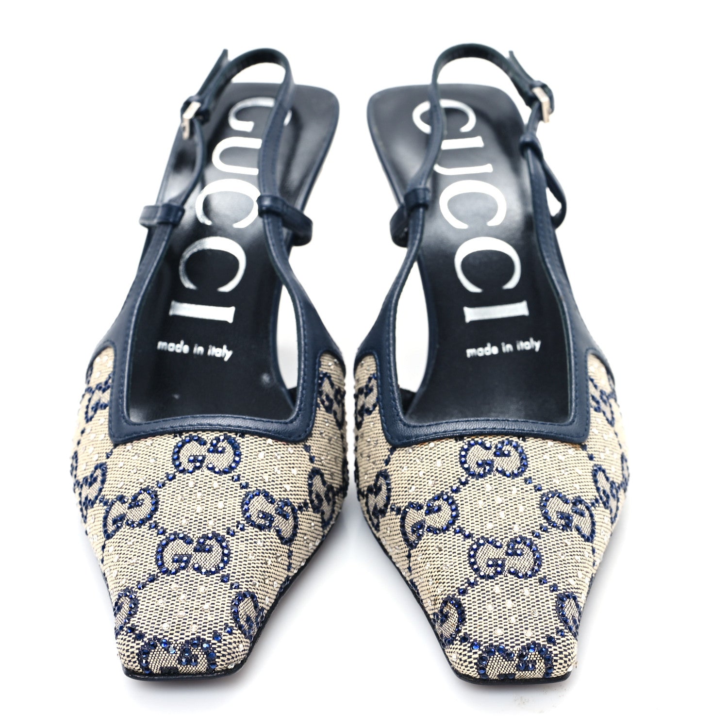 Gucci GG Monogram Malaga Kid Crystal Square G 75mm Slingback Pumps 37 Beige Blue 2 of 9