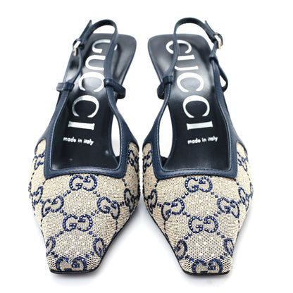 Gucci GG Monogram Malaga Kid Crystal Square G 75mm Slingback Pumps 37 Beige Blue 2 of 9