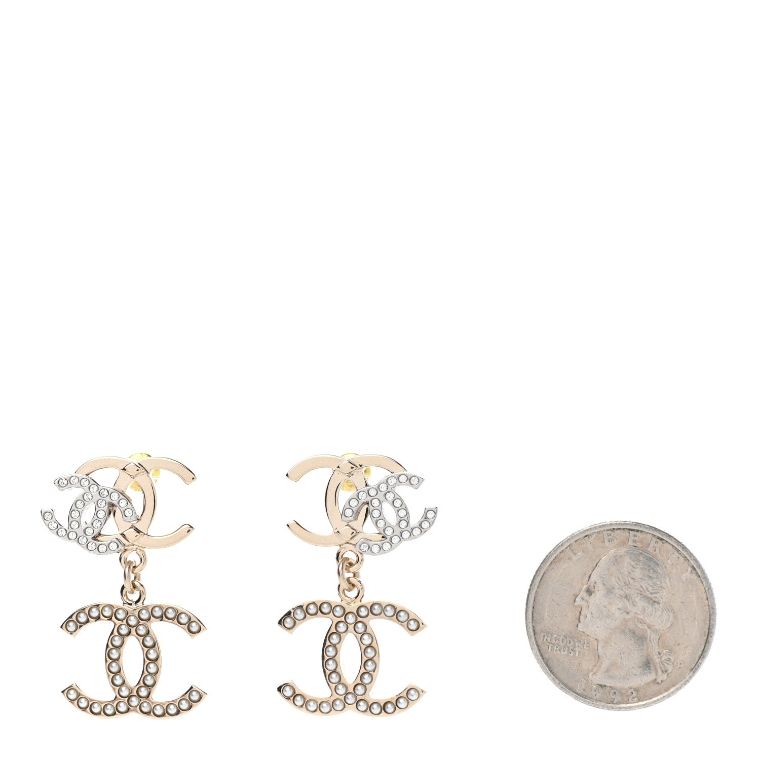 Chanel Crystal Pearl Double CC Drop Earrings Gold Silver 2 of 4