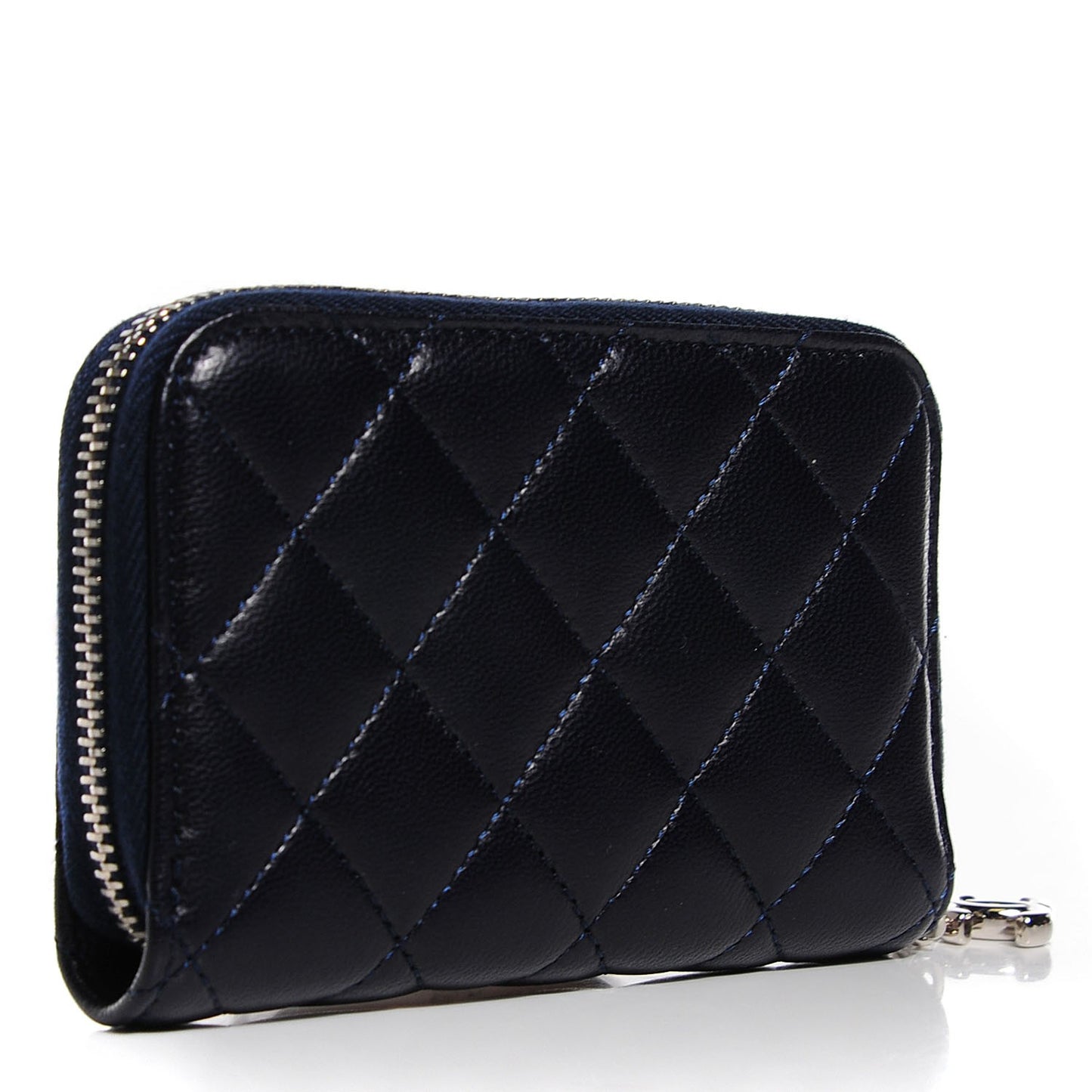 Lambskin Quilted Zip Around Card Holder Dark Navy Blue