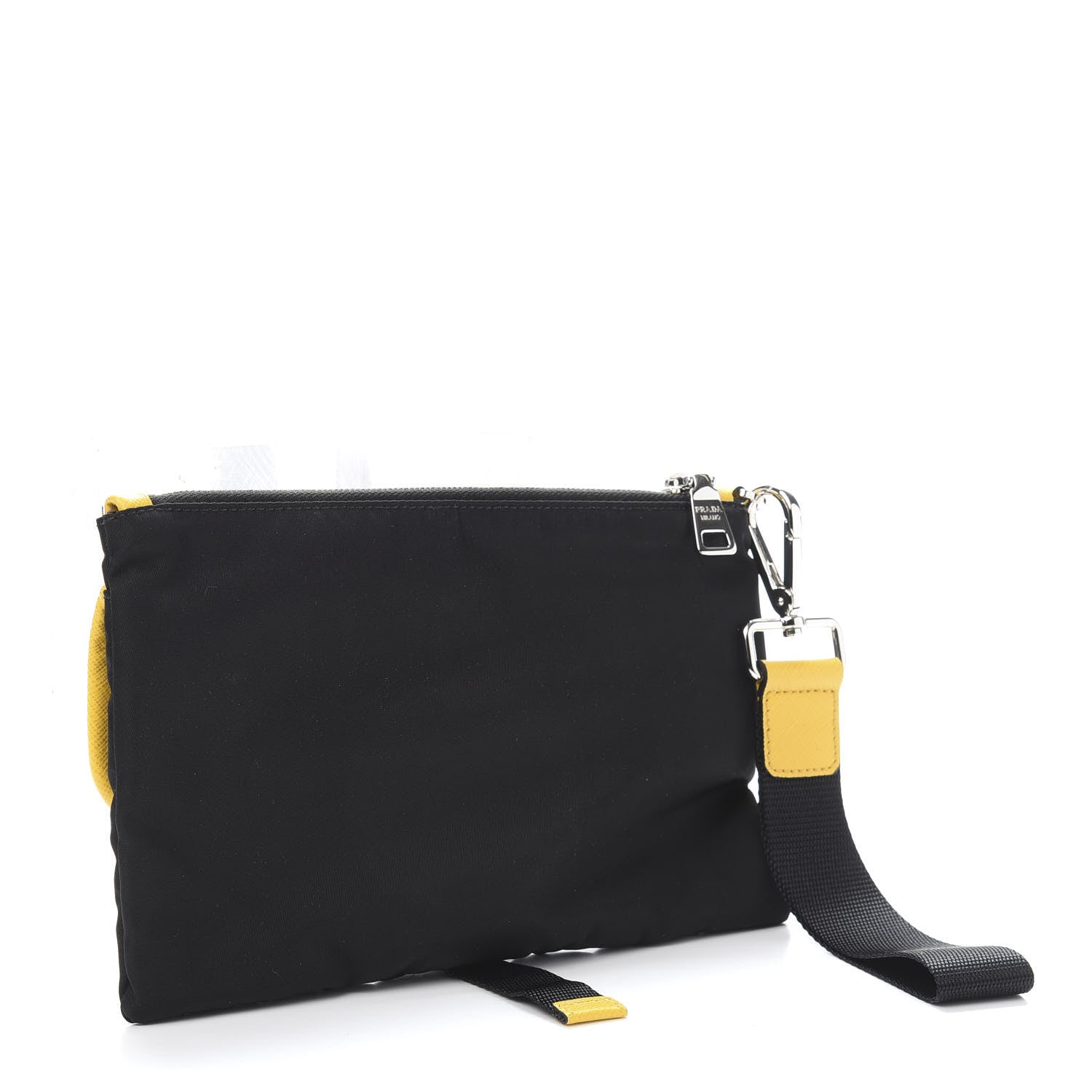 Prada Tessuto Nylon Saffiano Wristlet Pouch Black Grey Yellow 3 of 9