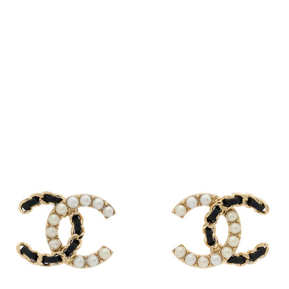 Chanel Pearl Lambskin Chain CC Stud Earrings Gold Black 1 of 5