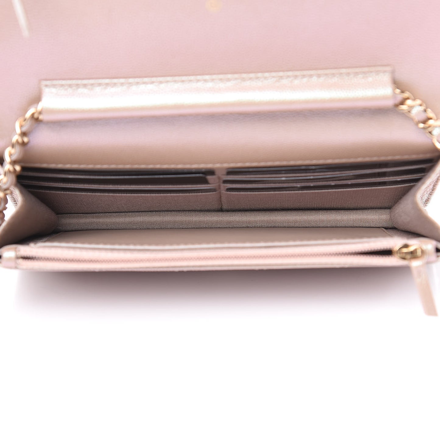 Iridescent Caviar Quilted Wallet On Chain WOC Beige