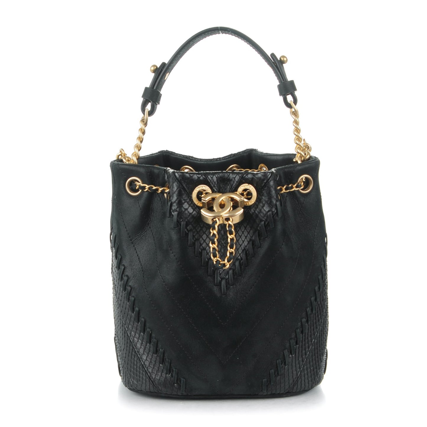 Iridescent Calfskin Python Patchwork Chevron Drawstring Bag Black