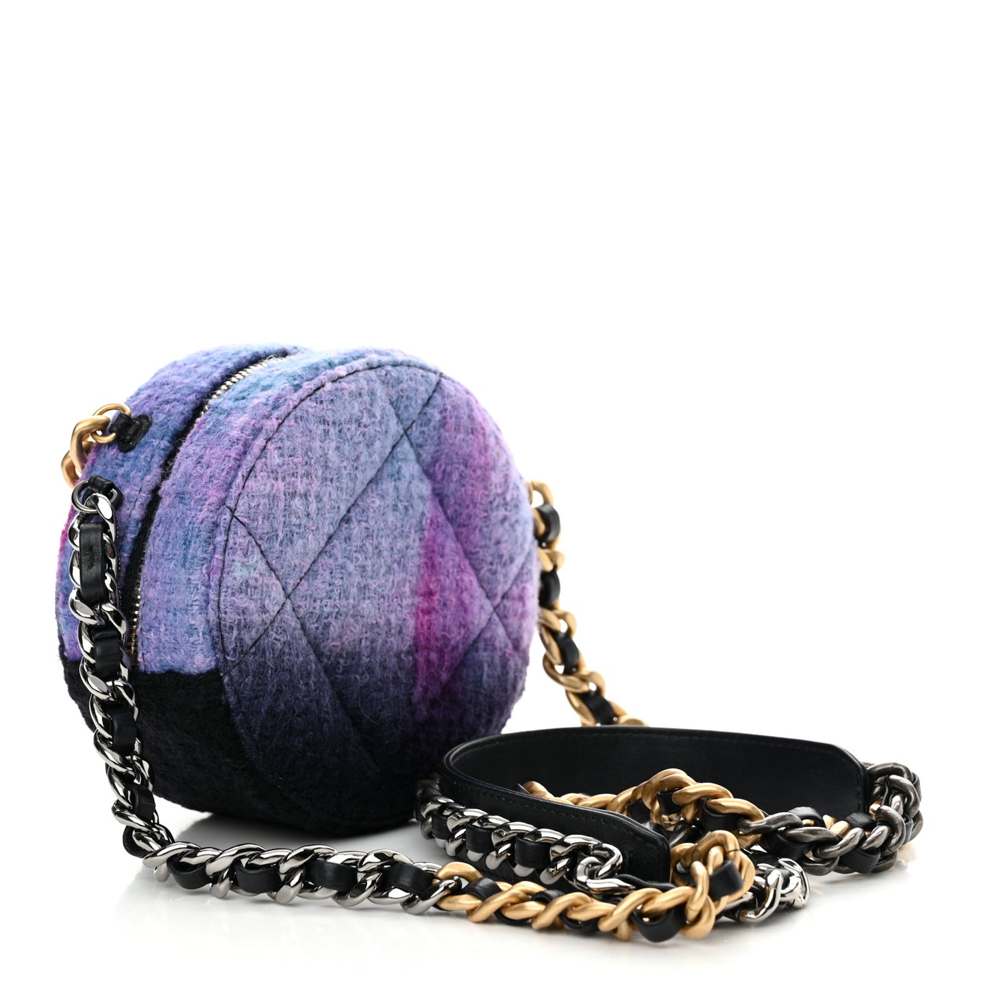 Wool Tweed Chanel 19 Round Clutch With Chain Purple Black Blue