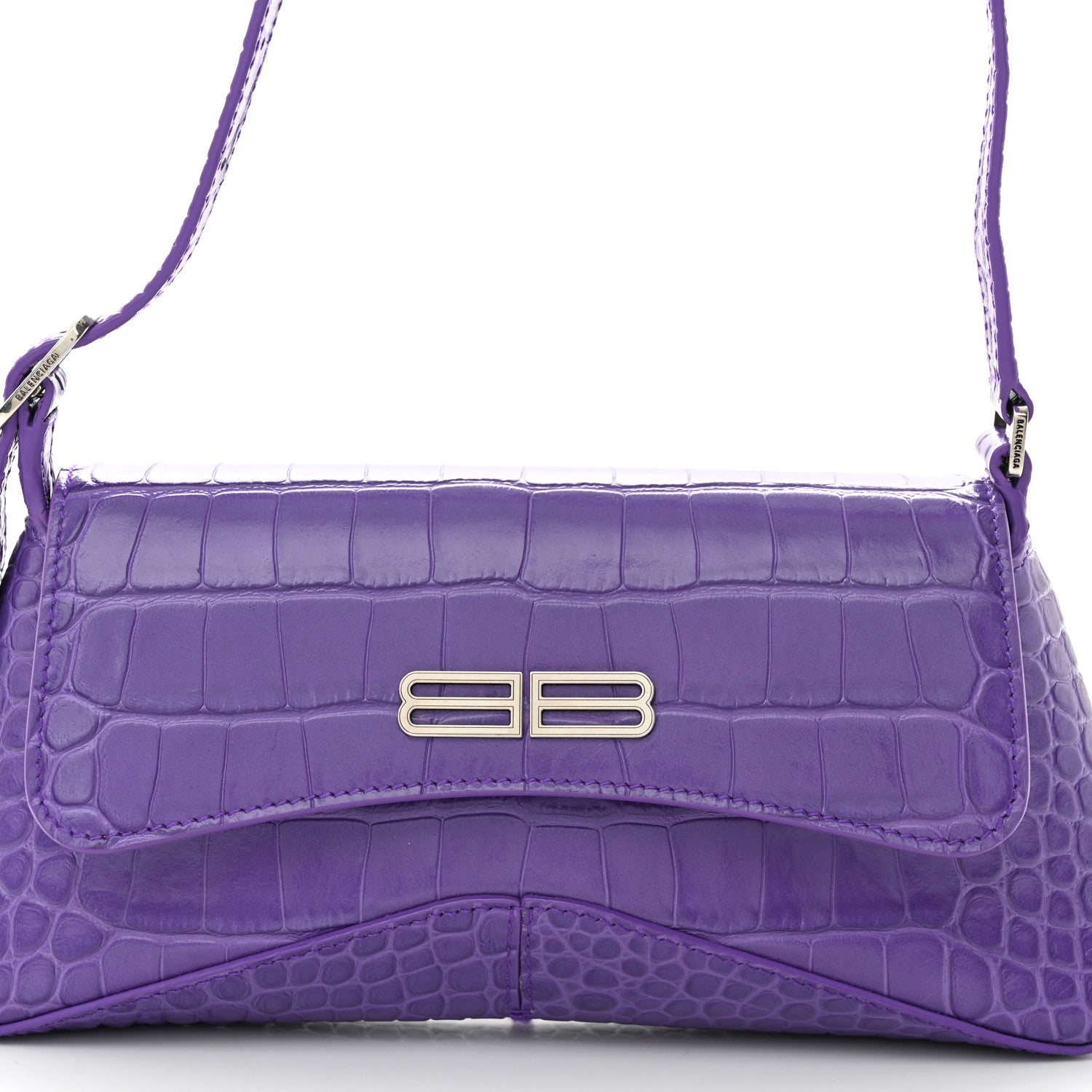 Balenciaga Shiny Super Supple Calfskin Crocodile Embossed Small XX Flap Stretch Bag Purple 7 of 10