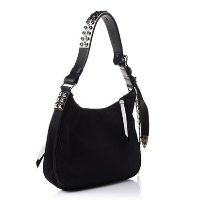 Prada Tessuto Nylon Studded New Vela Hobo Black White 3 of 11