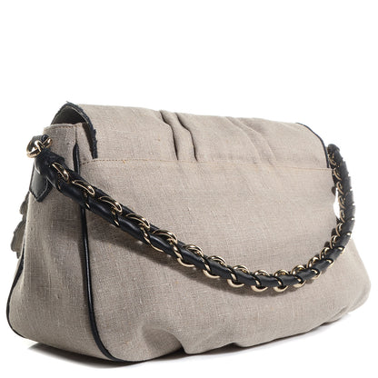 Fendi Linen Embroidered Mia Shoulder Flap Beige Black 3 of 9