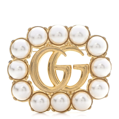 Gucci Metal Pearl Double G Brooch Aged Gold 1 of 6
