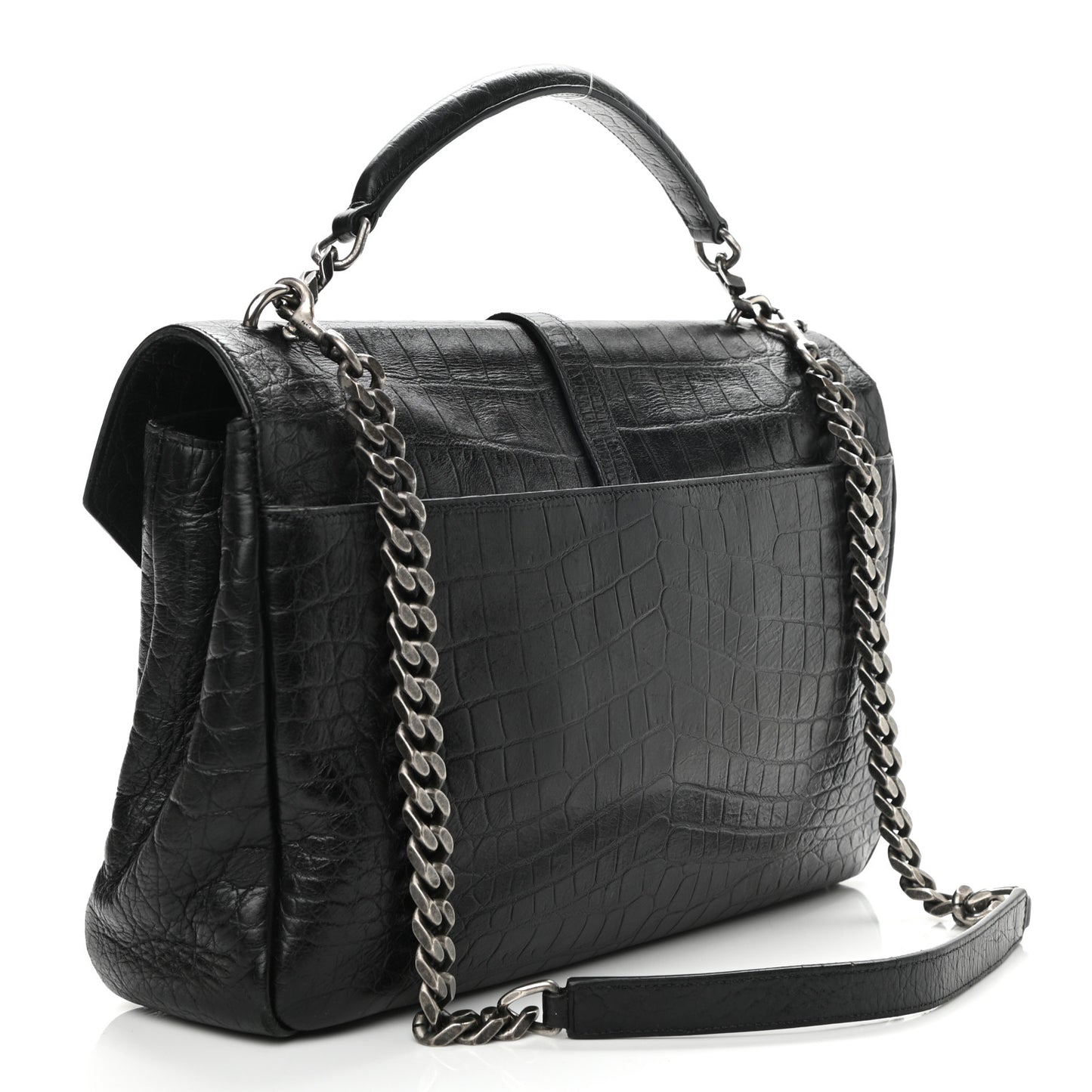 Calfskin Crocodile Embossed Large College Monogram Satchel Black