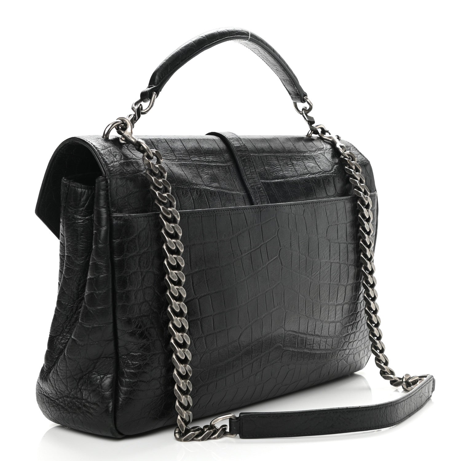 Saint Laurent Calfskin Crocodile Embossed Large College Monogram Satchel Black 3 of 12