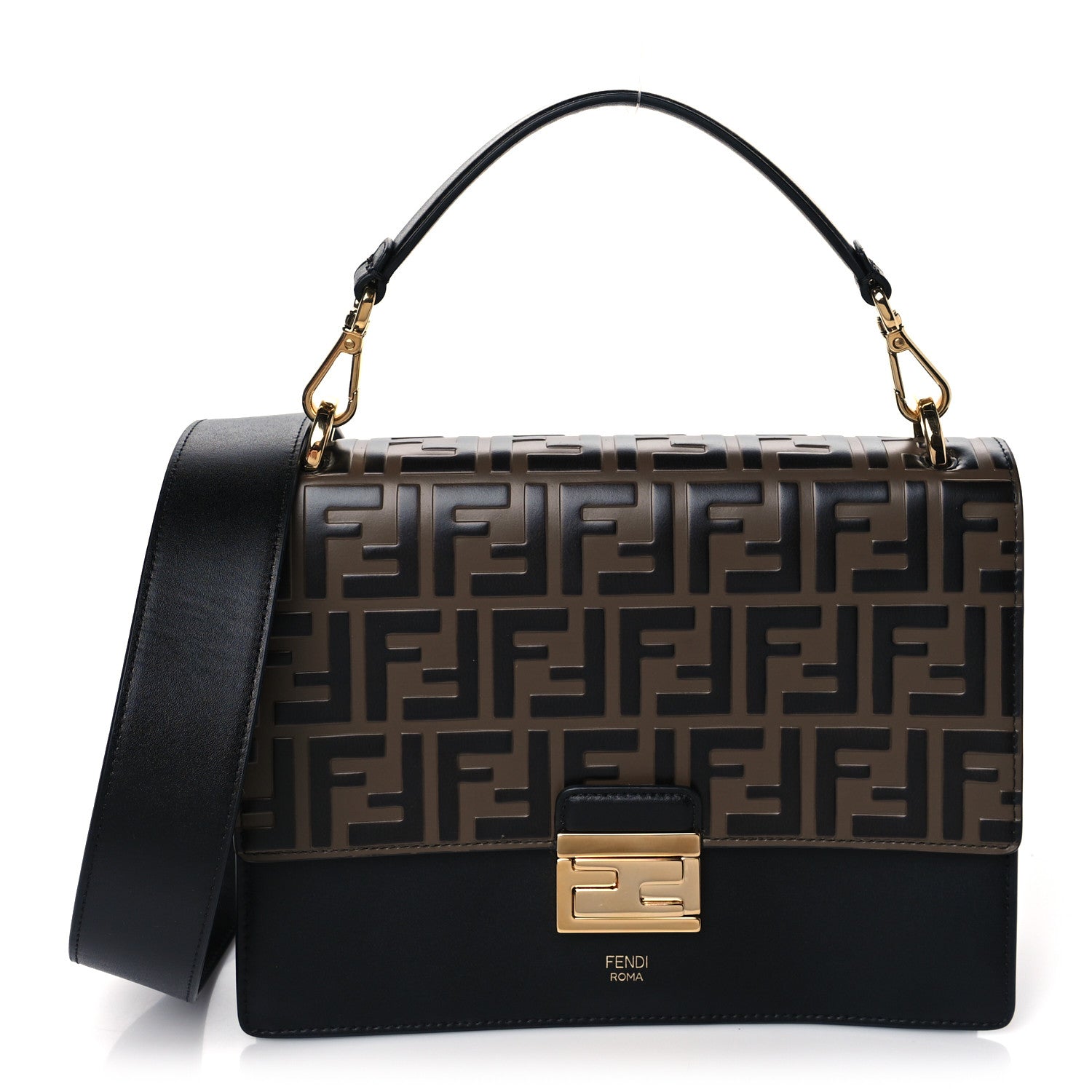 Fendi Vitello Liberty Bi-Color FF 1974 Embossed Kan U Shoulder Bag Black Maya 1 of 10