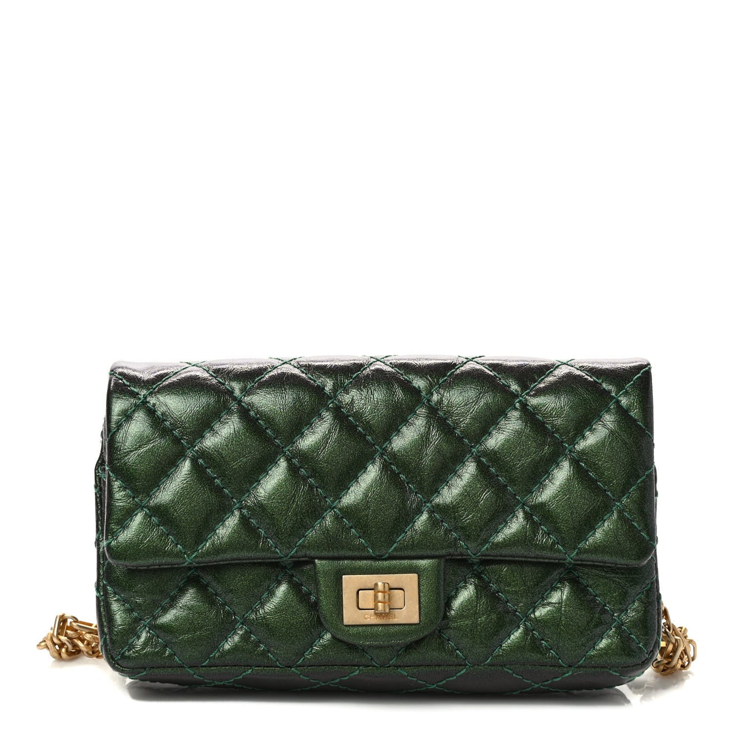 Metallic Aged Calfskin Quilted 2.55 Reissue Flap Belt Bag Clutch Green