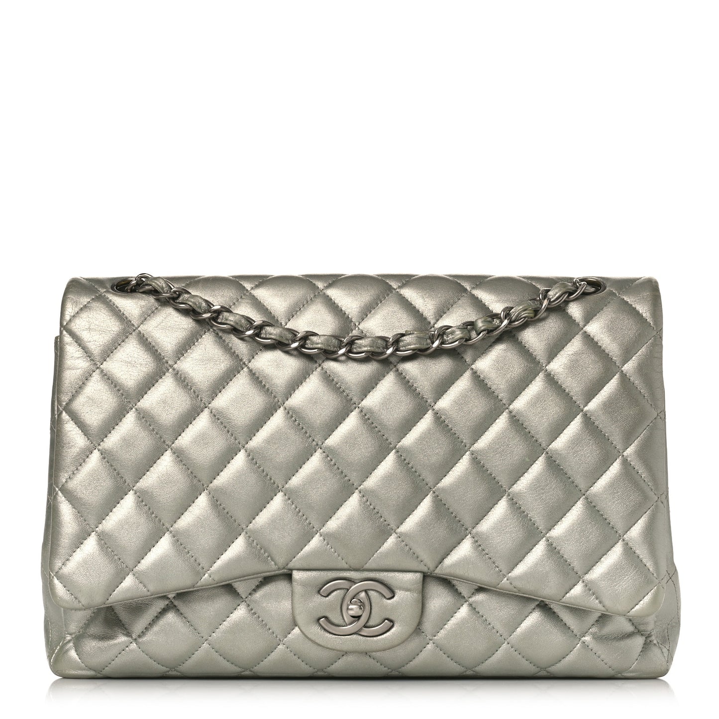 Metallic Lambskin Quilted Maxi Double Flap Green