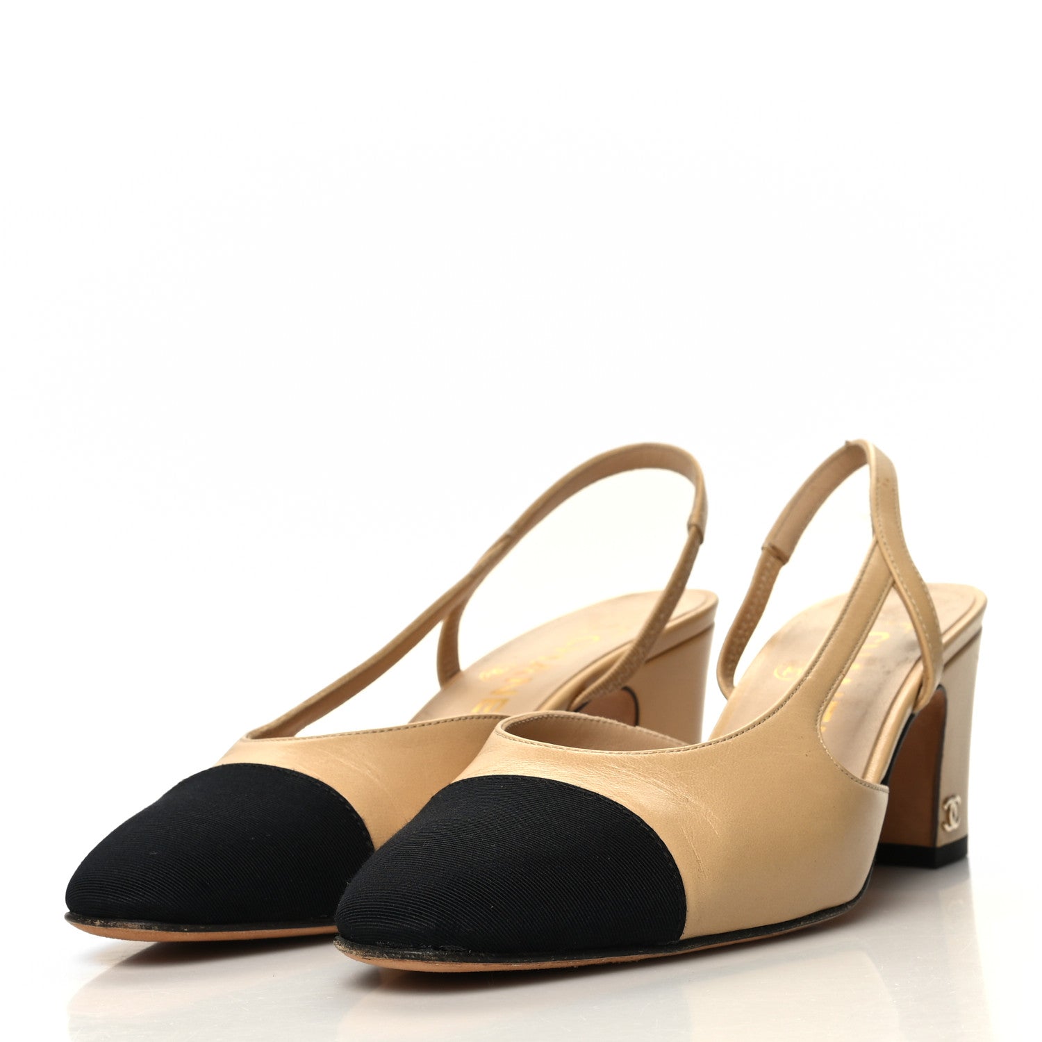 Chanel Goatskin Grosgrain Cap Toe CC Slingback Pumps 35.5 Beige Black 2 of 12