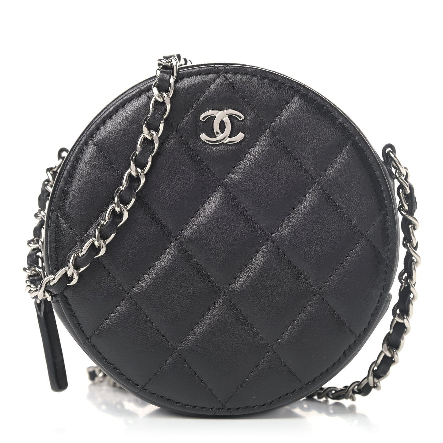 Lambskin Quilted Round Clutch With Chain Black