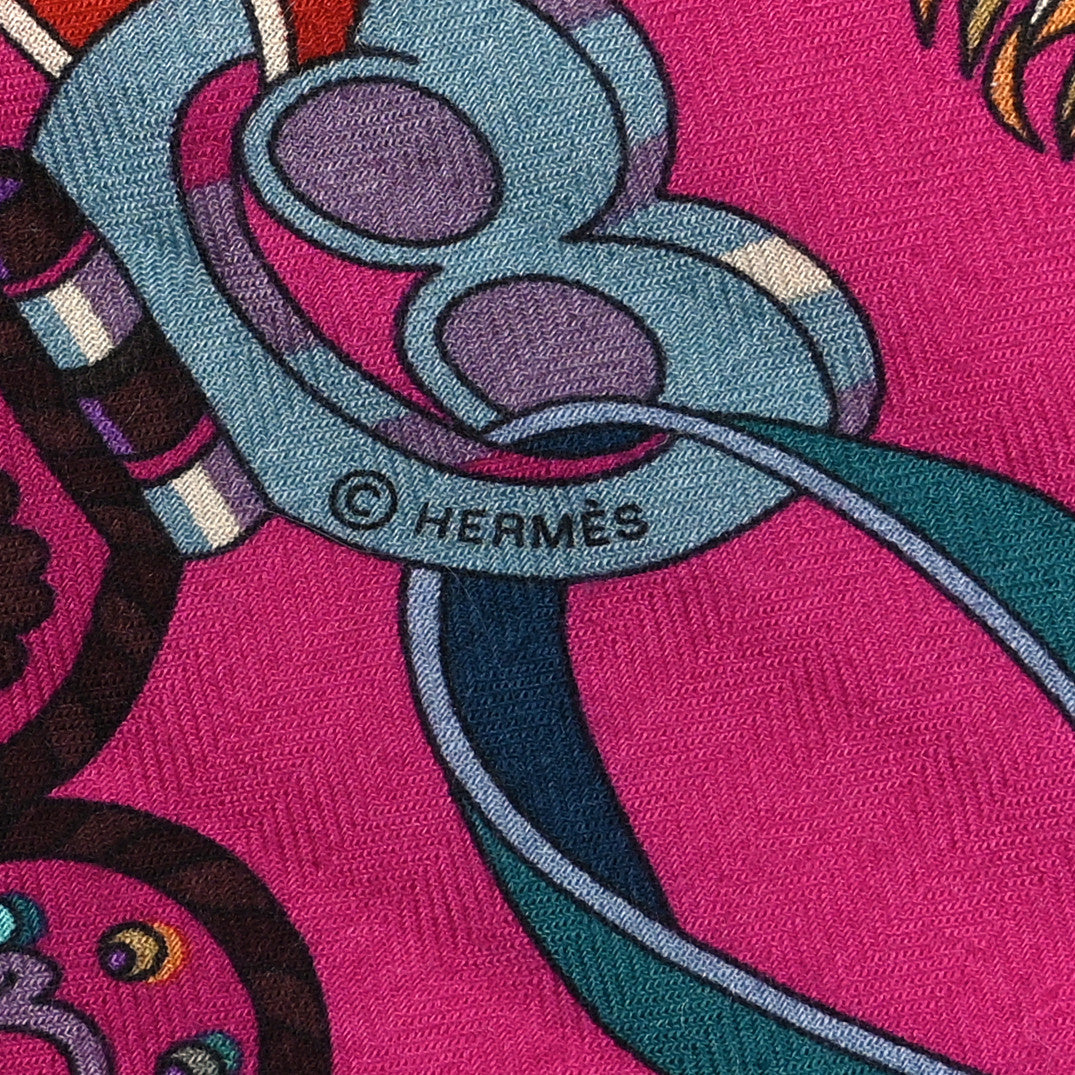 Hermes Cashmere Silk Sous L'Egide De Mars Shawl 140 Rose Vif Canard Prune 2 of 5